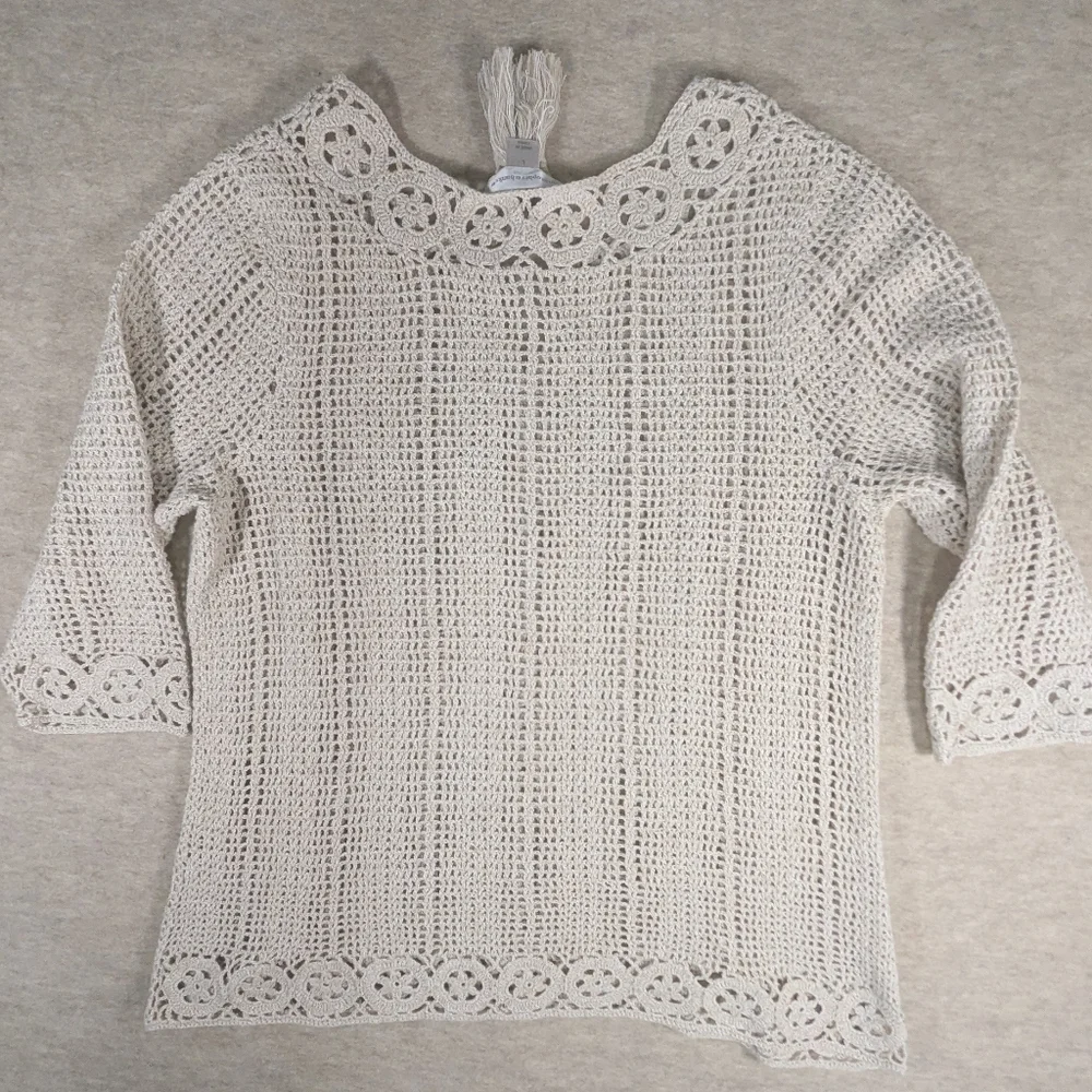 100% Cotton Gorgeous Oatmeal Beachy Natural Boho Crunchy Crochet Top Open Knit L